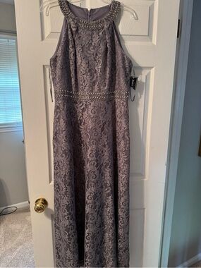 Jessica Howard Beaded Halter Lace Gown in Dusty gray